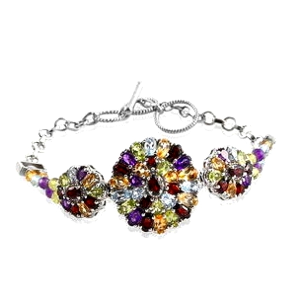 Multigemstone Medallion Cocktsil Toggle Bracelet in Sterling Silver 14.20ctw - Picture 2 of 8